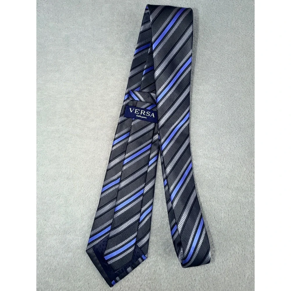 Versa Collezioni‎ Mens Blue Grey Black Striped Necktie Handmade Polyester Tie